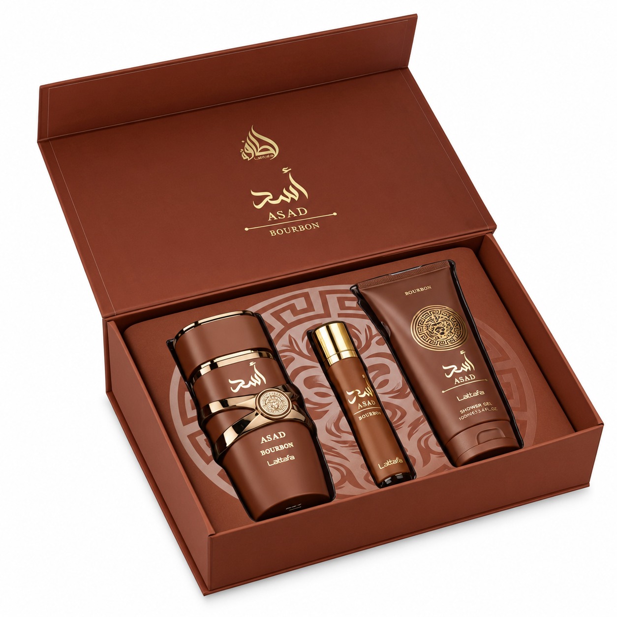 Lattafa Set Asad Bourbon 100ml + Gel De Ducha 100ML + Vial 12ml
